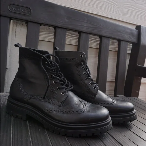 Express Black Leather Combat Men's Boots - Picture 2 of 8